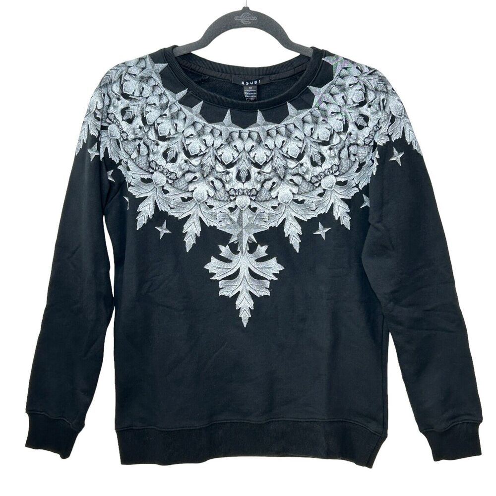 KSUBI Cult Crest Skull Raglan Long Sleeve Sweatshirt Black Women's Small NWT